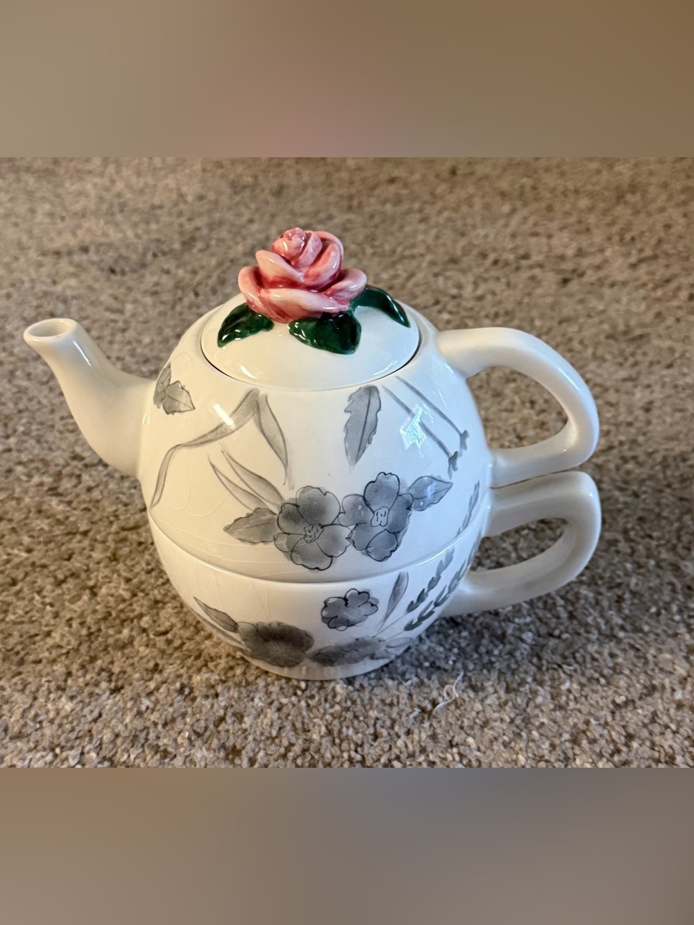 Vintage Ceramic Teapot with Rose Lid - White and Pink Floral Home Art